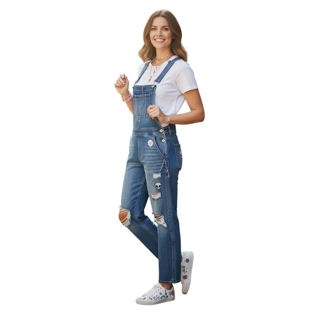 Honey Punch Blue Distressed Denim Overalls L Ripped Straight Leg Y2K Vintage Sty